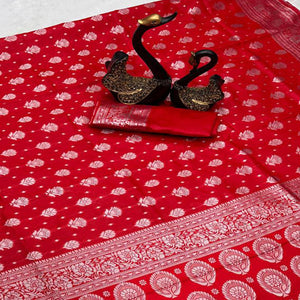 Red Floral Woven Lichi Banarasi Silk Saree
