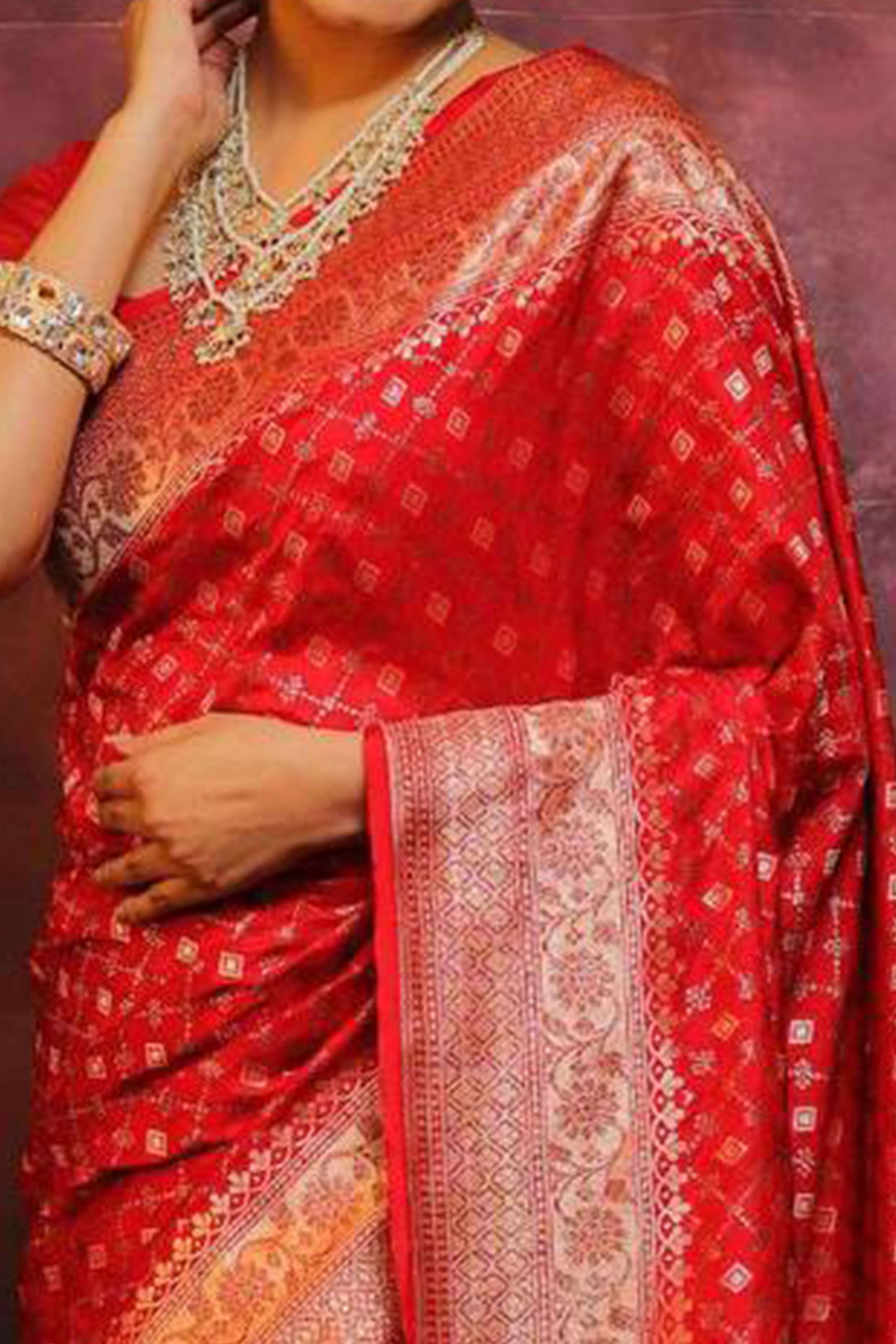 Red Floral Woven Lichi Banarasi Silk Saree