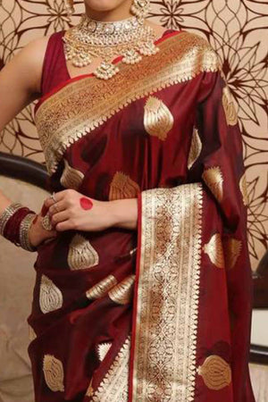Maroon Floral Woven Lichi Banarasi Silk Saree
