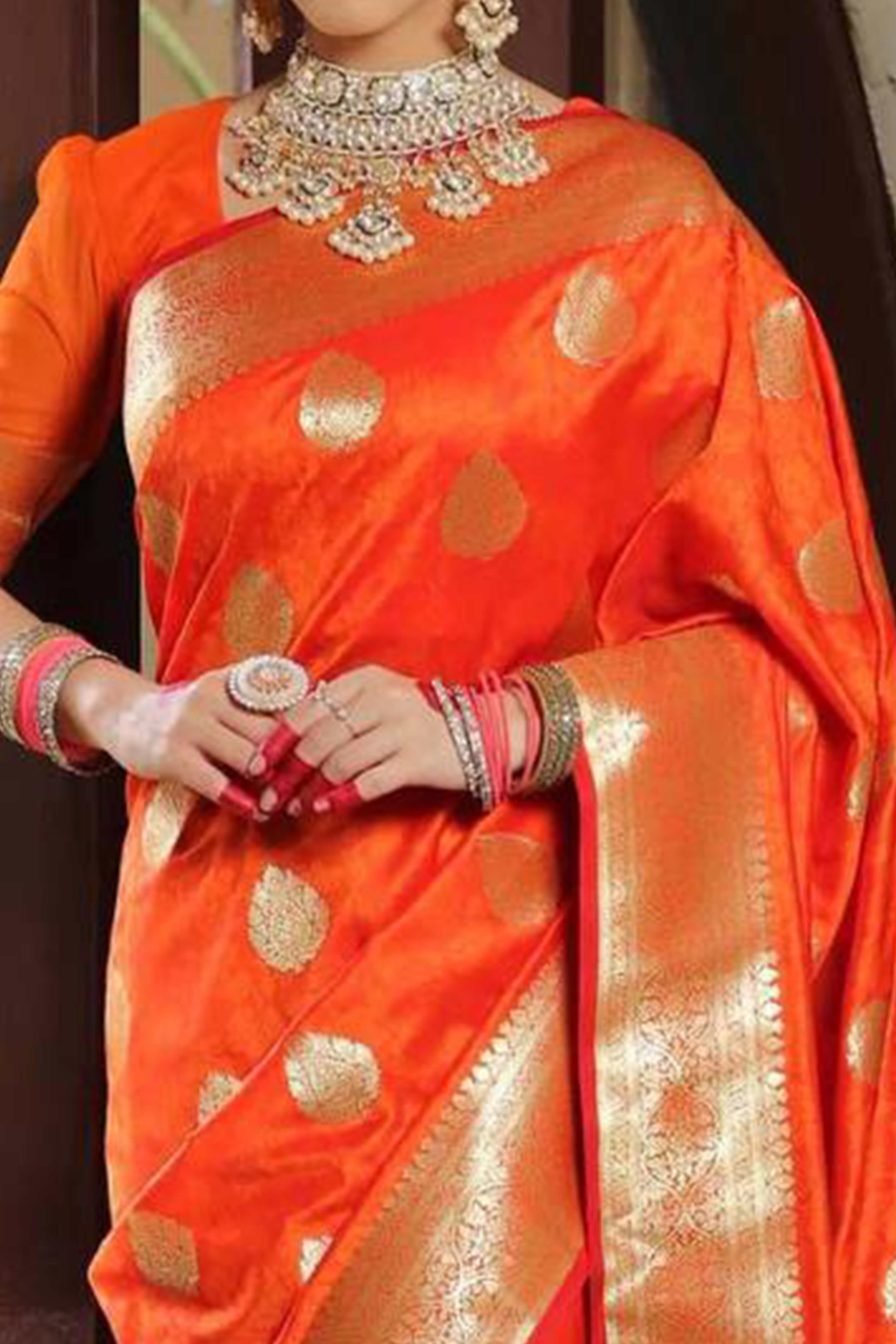 Orange Floral Woven Lichi Banarasi Silk Saree