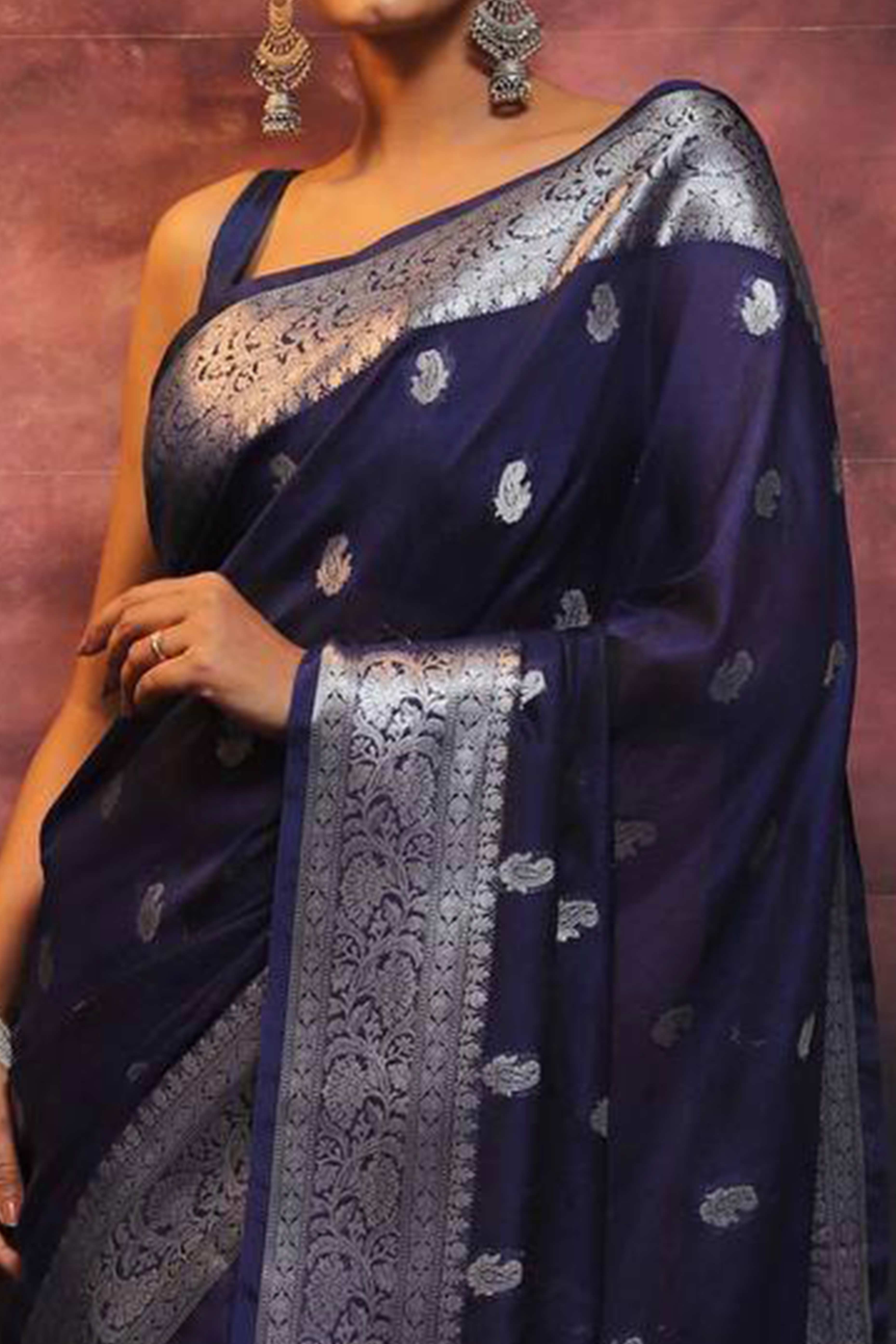 Navy Blue Floral Woven Lichi Banarasi Silk Saree