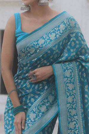 Turquoise Floral Woven Banarasi Silk Saree