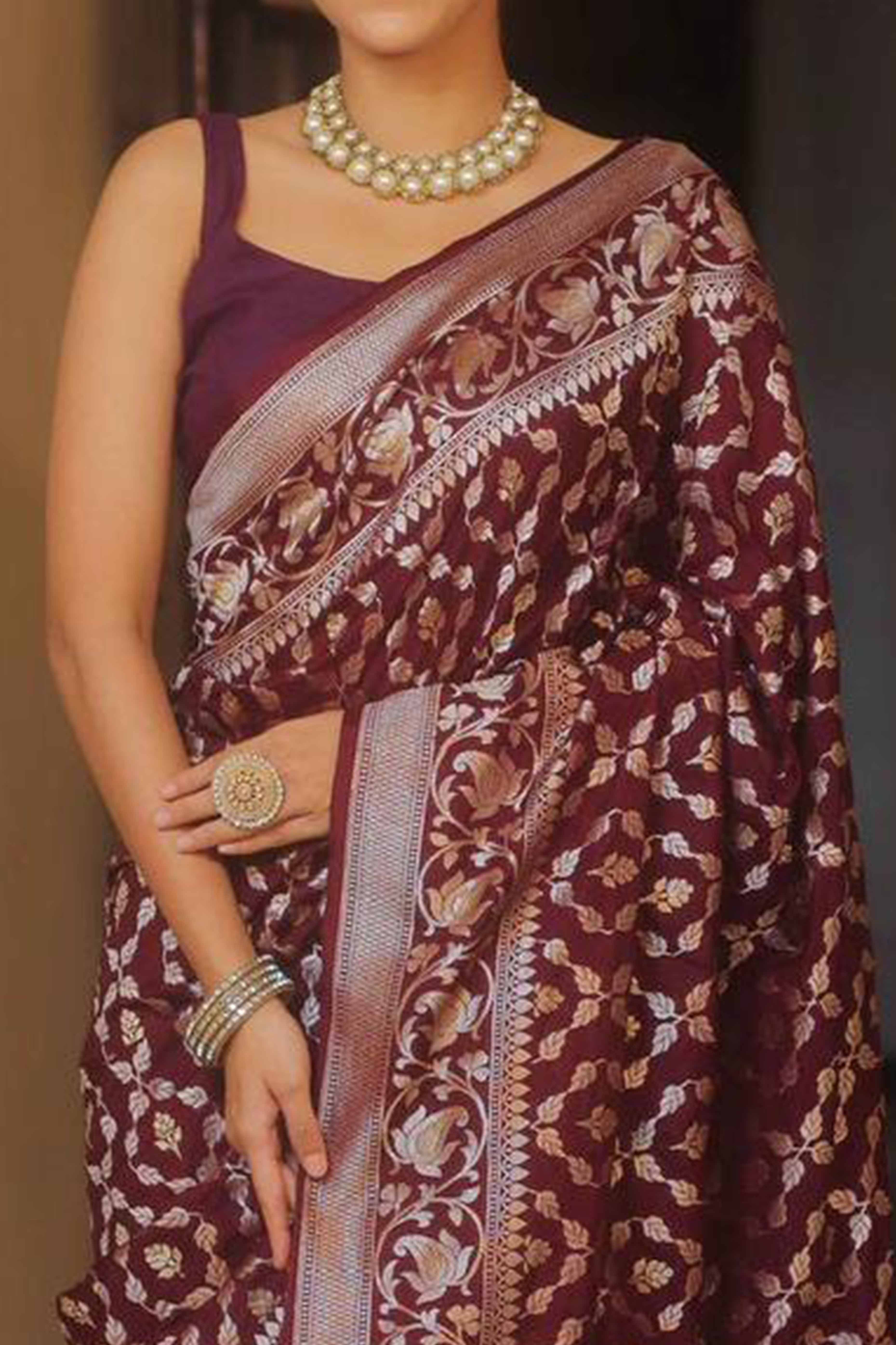 Wine Floral Woven Banarasi Silk Saree
