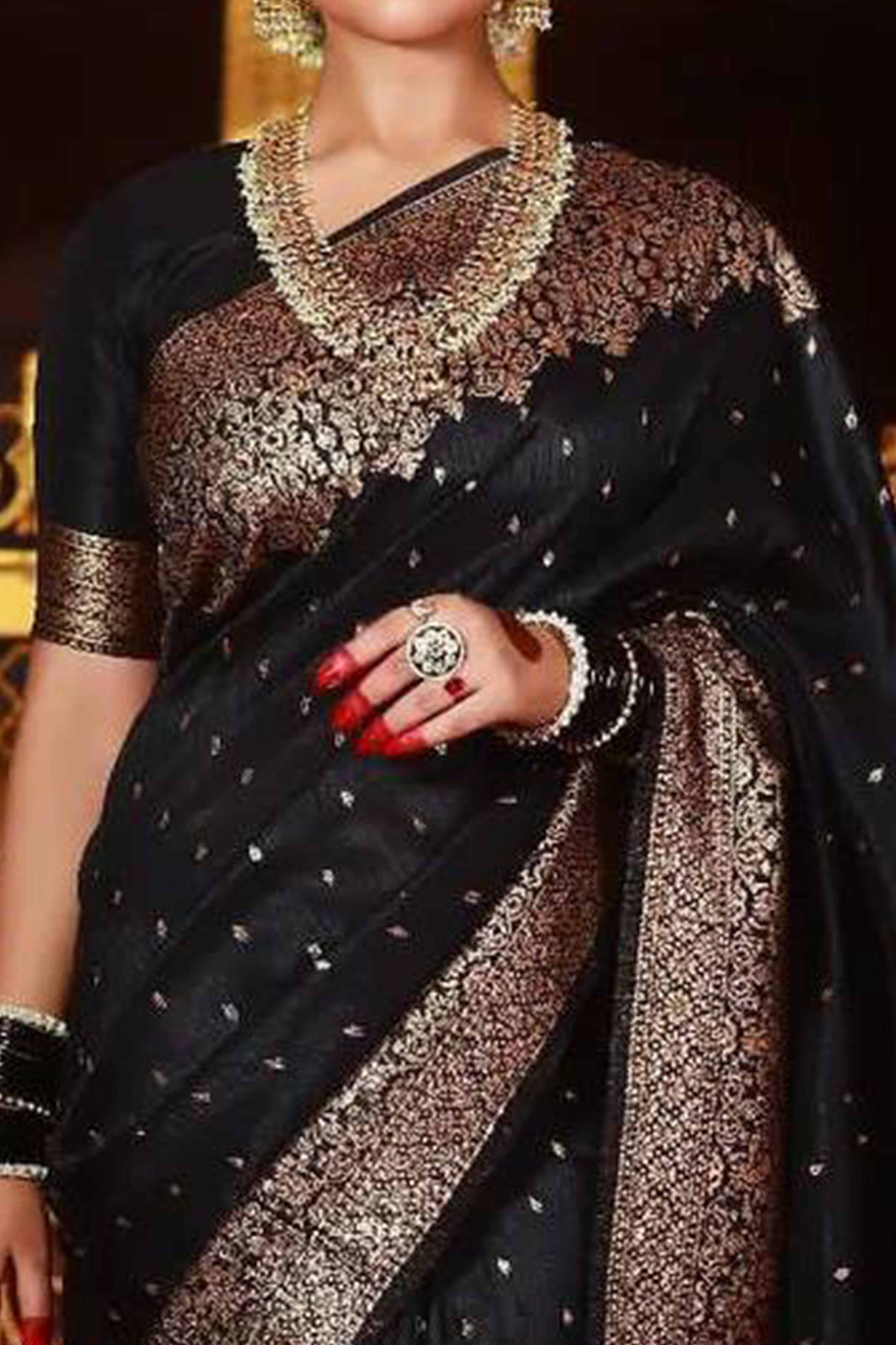 Black Floral Woven Banarasi Silk Saree With Tassels
