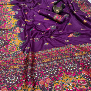 Purple Pashmina Silk Weaving Saree Designed in Classic Rajwadi Style for Festive Wear