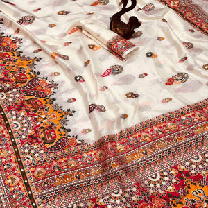 White Pashmina Silk Weaving Saree Designed in Classic Rajwadi Style for Festive Wear