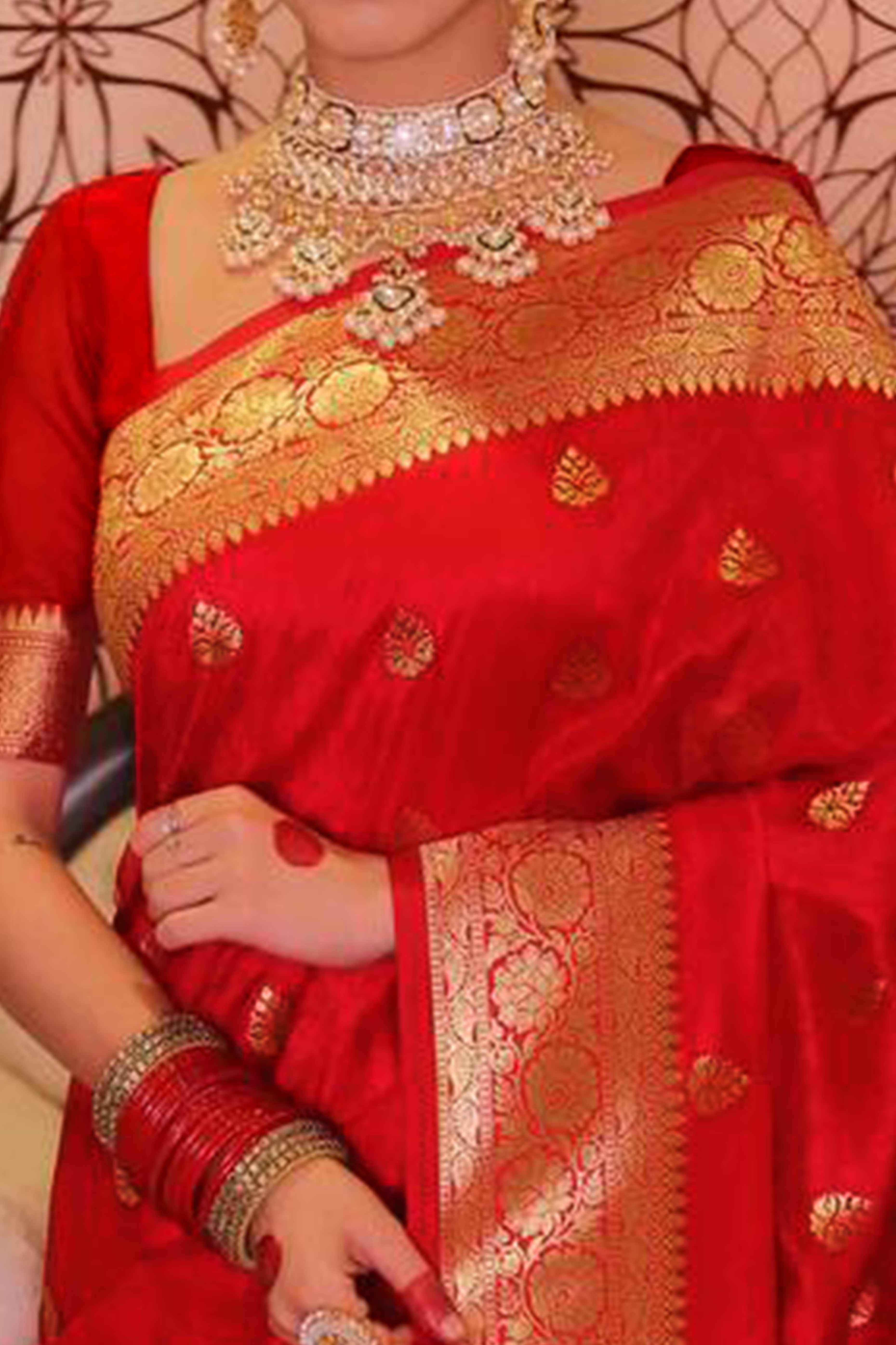 Red Zari Butti Embellished Banarasi Silk Saree Offering Timeless Grace and Festive Charm