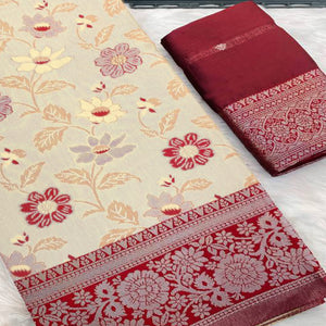 Beige & Red Designer Tissue Saree with Zari Weaving