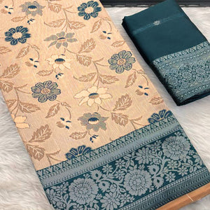 Beige & Teal Designer Tissue Saree with Zari Weaving