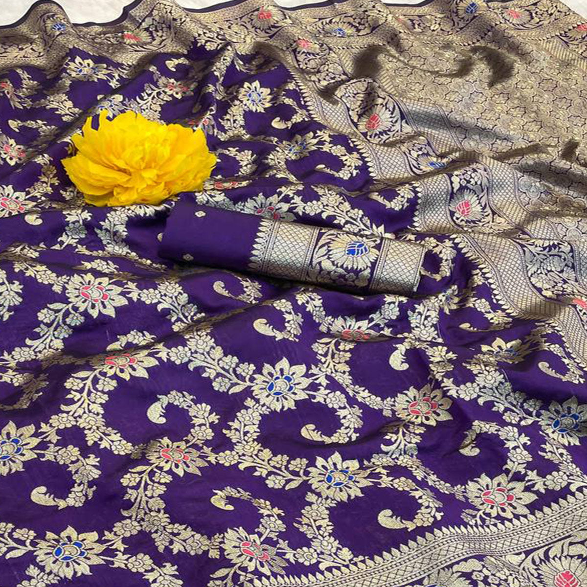 Violet Pure Silk Drape Featuring Traditional Heavy Zari Weaving for a Royal Look