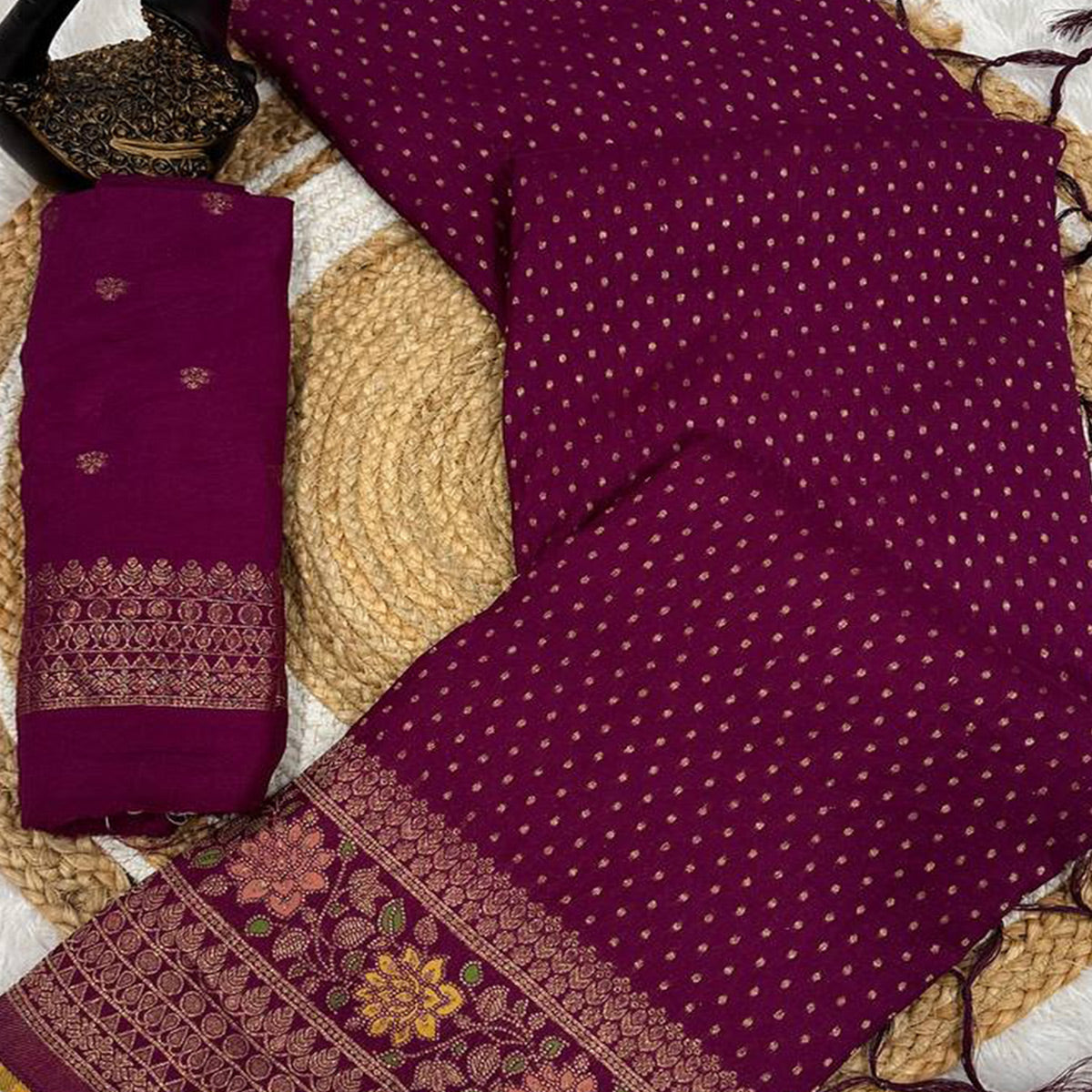 Wine Saree in Pure Georgette Featuring Delicate Zari Butti Work