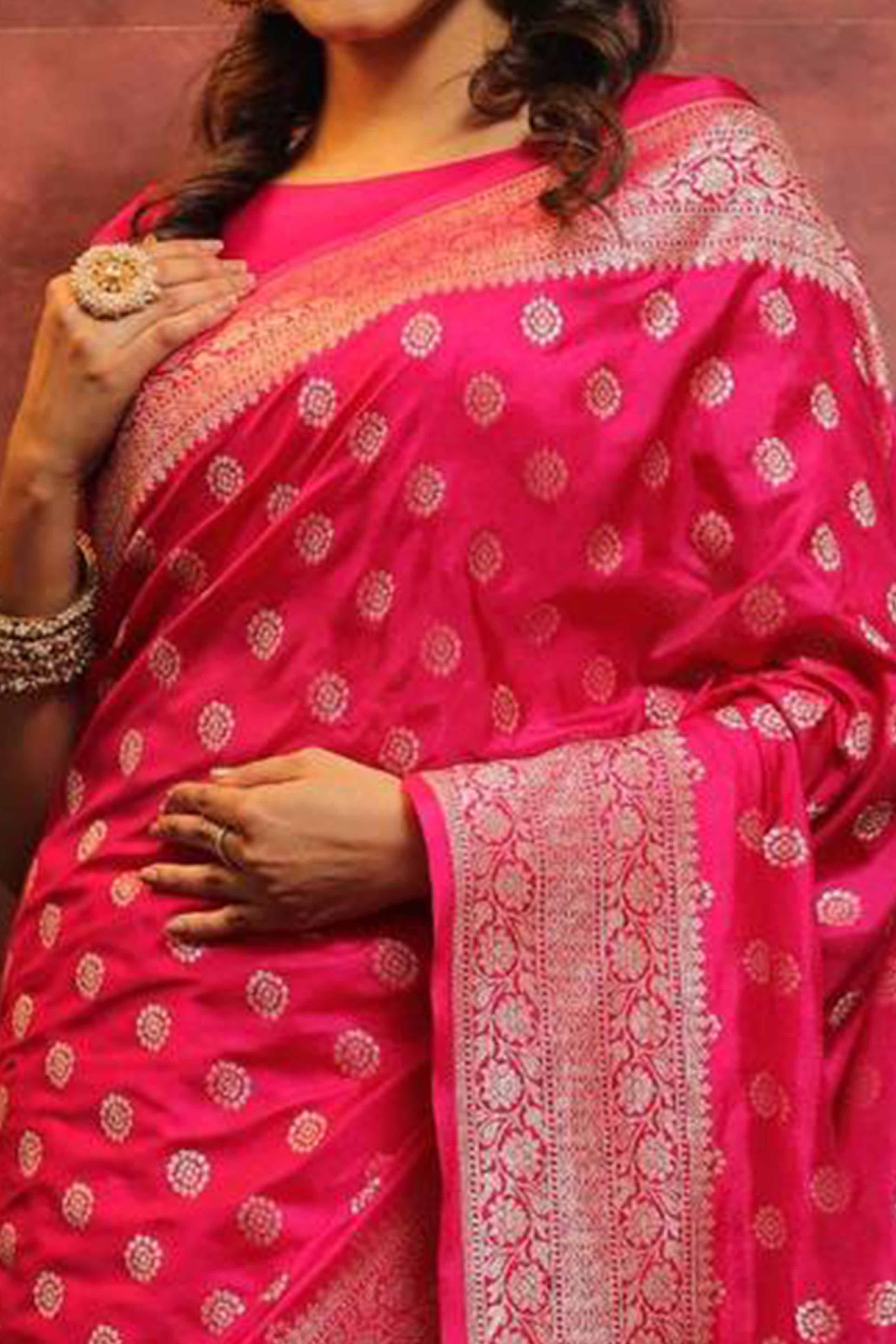 Rich Pink Banarasi Saree in Pure Silk with Traditional Zari Butti Weaving