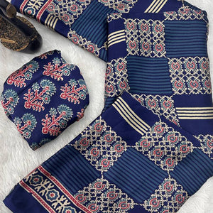Designer Navy Blue Ajrakh Print Pure Silk Saree for Special Occasions