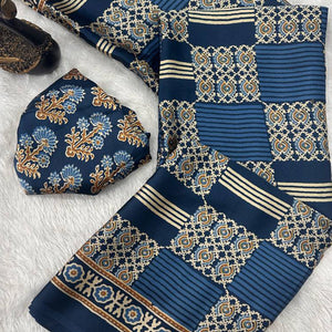 Designer Teal Ajrakh Print Pure Silk Saree for Special Occasions