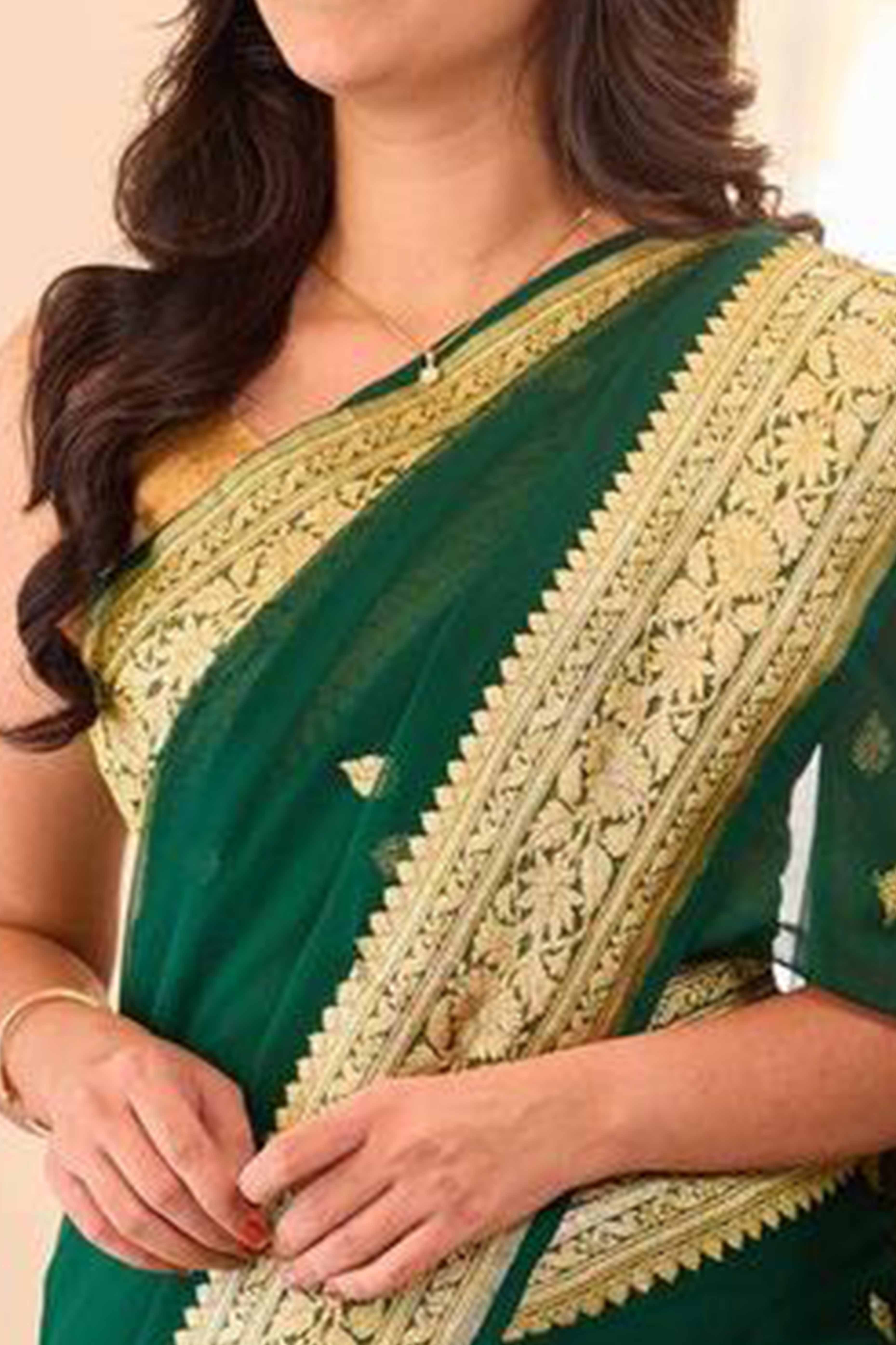 Sophisticated Dark Green Linen Saree with Traditional Butti Zari Weaving