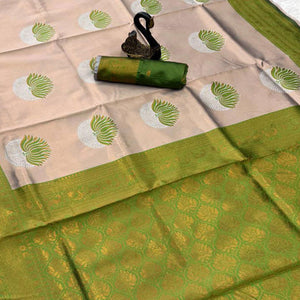 Green Floral Zari Weaving Banarasi Silk Saree Embellished With Intricate Unique Border & Pallu