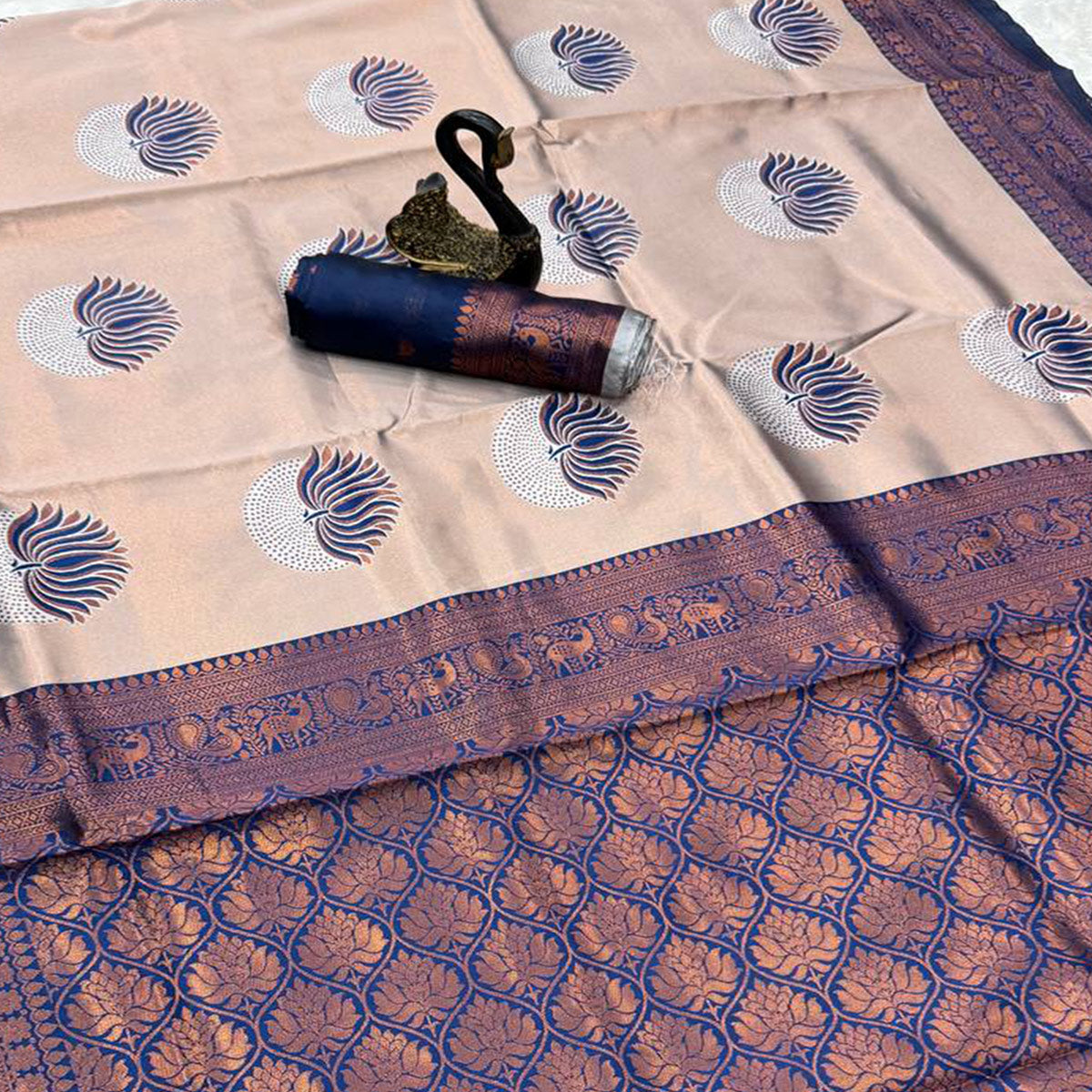 Navy Blue Floral Zari Weaving Banarasi Silk Saree Embellished With Intricate Unique Border & Pallu
