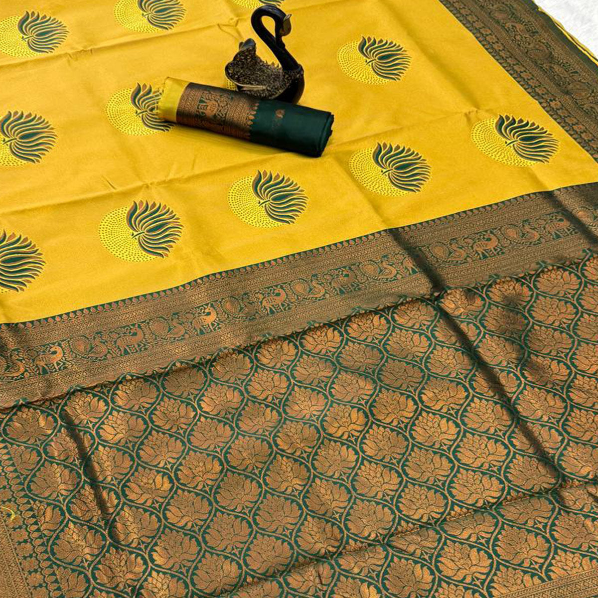 Yellow & Green Floral Zari Weaving Banarasi Silk Saree Embellished With Unique Border & Pallu