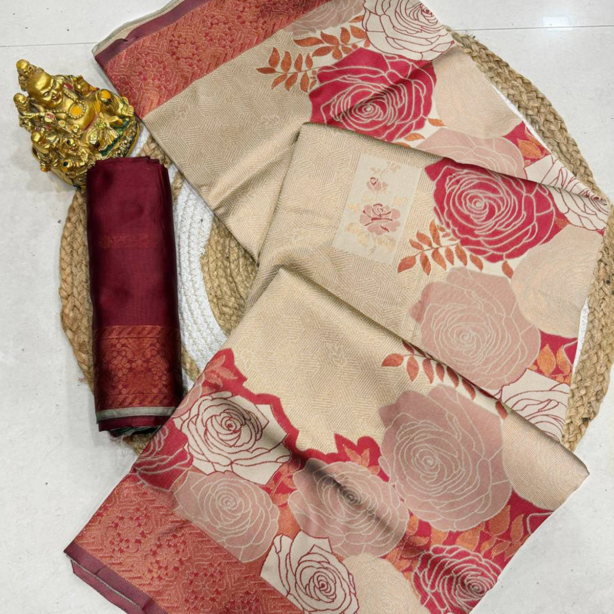 Beige Handloom Banarasi Silk Saree Enhanced with Artistic Floral Zari Weaving for Timeless Appeal