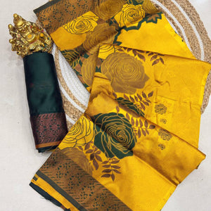 Mustard Handloom Banarasi Silk Saree Enhanced with Artistic Floral Zari Weaving for Timeless Appeal