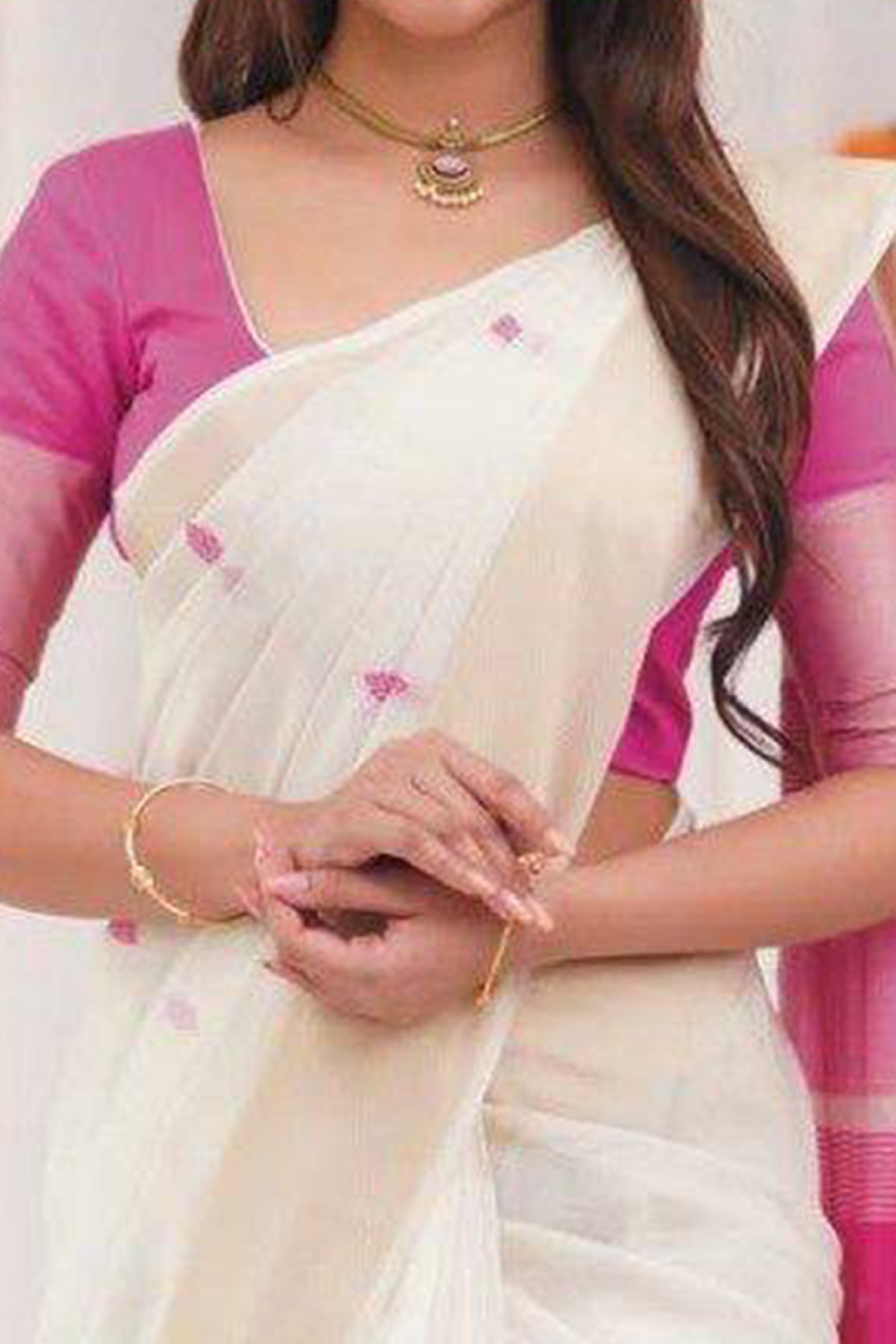 White and Pink Zari-Woven Linen Cotton Saree Offering a Refined Festive Look