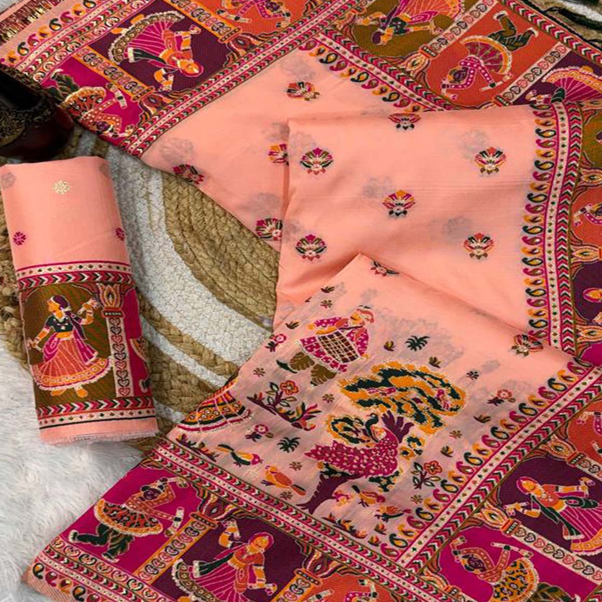 Peach Pashmina Silk Saree Enhanced with Intricate Rajwadi Zari Weaves for Festive Elegance