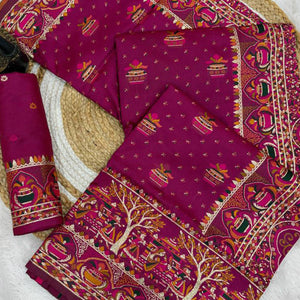 Magenta Madhubani Inspired Weaving Pashmina Silk Saree Perfect for Refined Festive
