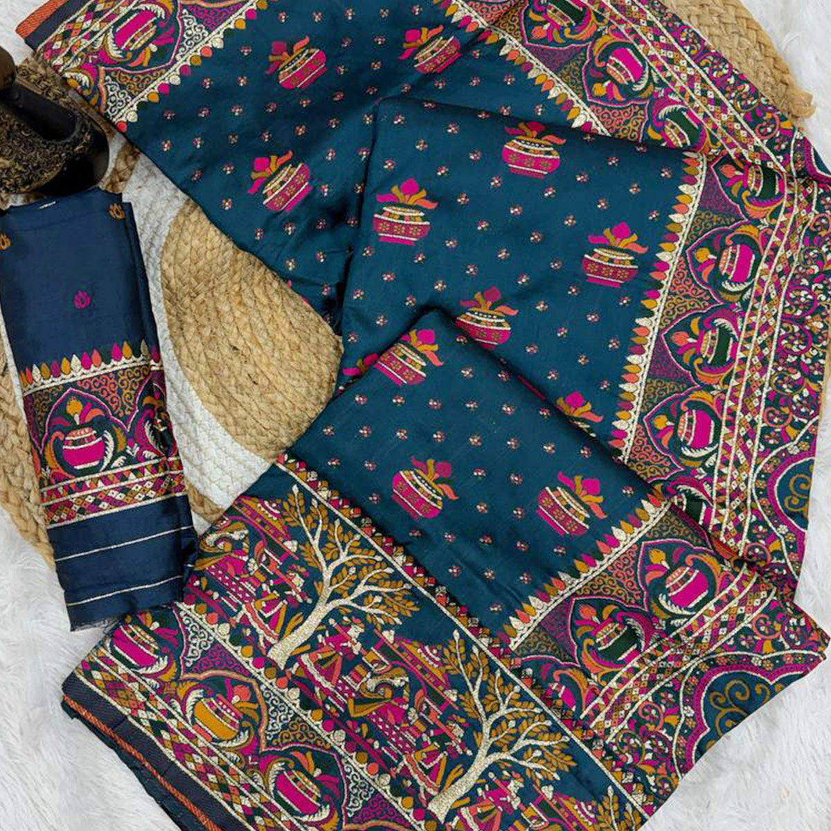 Teal Madhubani Inspired Weaving Pashmina Silk Saree Perfect for Refined Festive