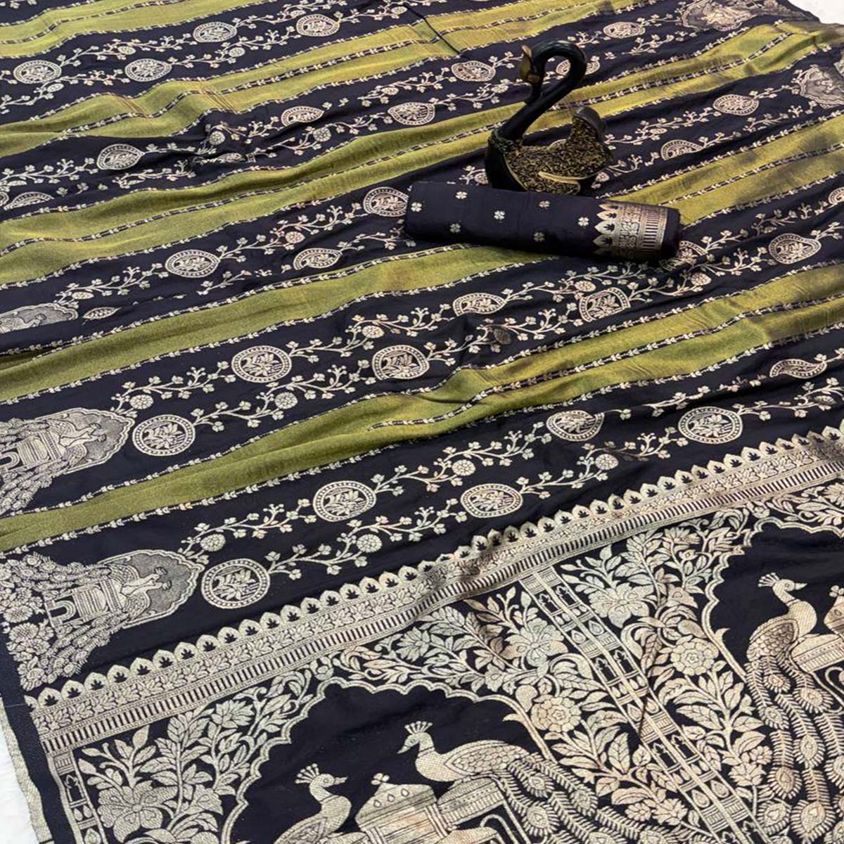 Black Festive Wear Chinya Tissue Silk Saree Enhanced with Intricate Zari Weaving Detailing