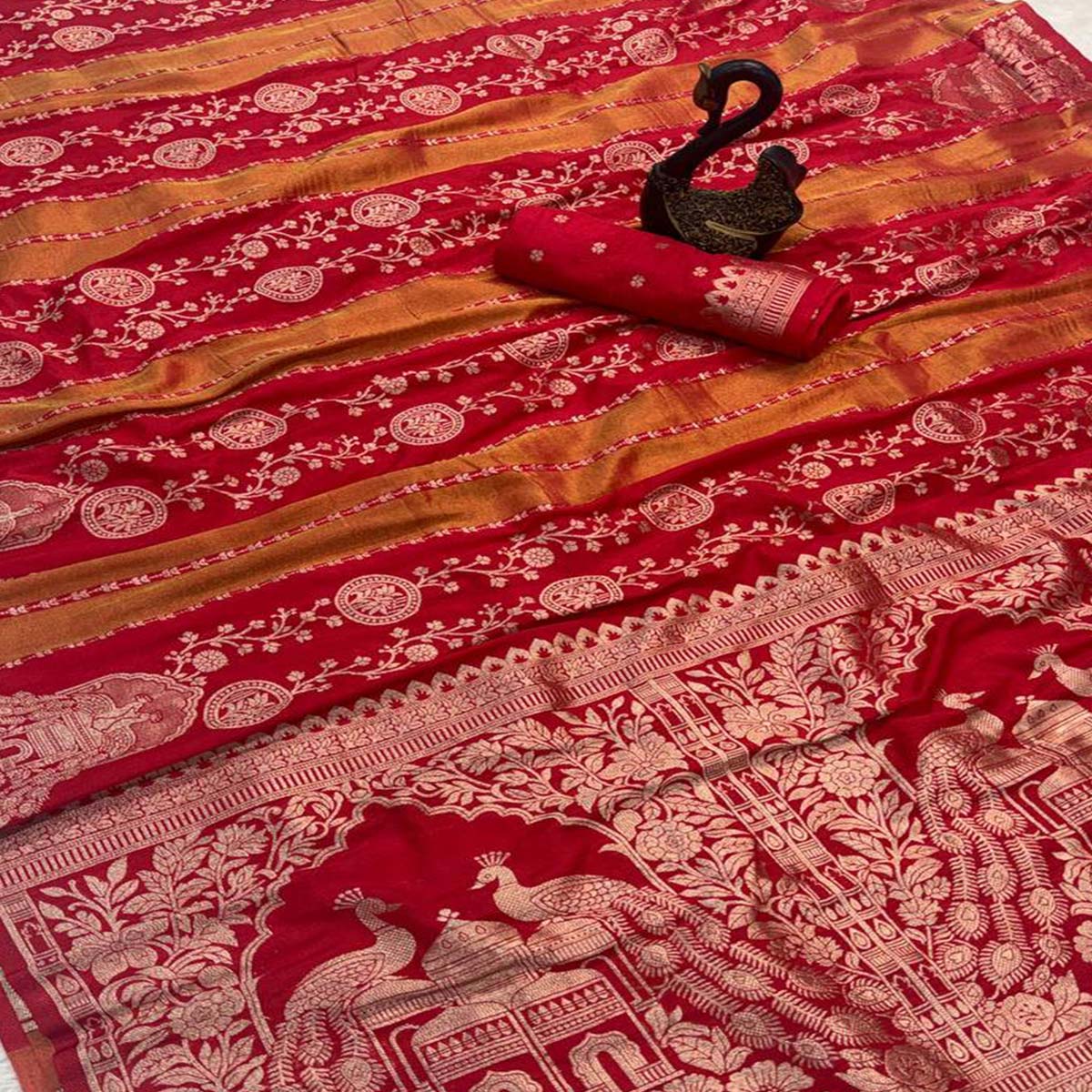 Red Festive Wear Chinya Tissue Silk Saree Enhanced with Intricate Zari Weaving Detailing