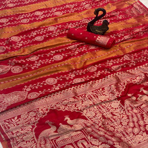 Red Festive Wear Chinya Tissue Silk Saree Enhanced with Intricate Zari Weaving Detailing