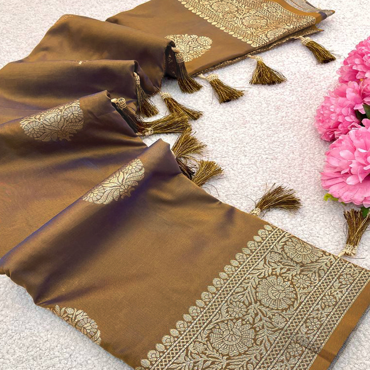 Beige Pure Banarasi Silk Saree Adorned with Intricate Zari Butti Woven Detailing
