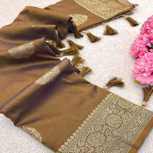 Beige Pure Banarasi Silk Saree Adorned with Intricate Zari Butti Woven Detailing