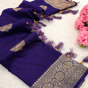 Navy Blue Pure Banarasi Silk Saree Adorned with Intricate Zari Butti Woven Detailing
