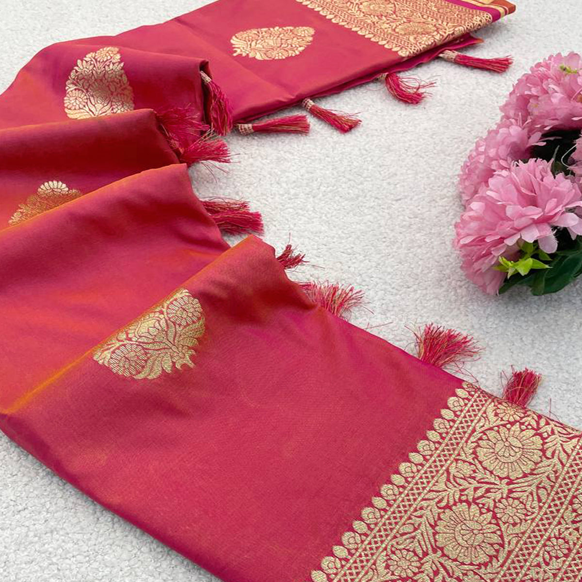 Peach Pure Banarasi Silk Saree Adorned with Intricate Zari Butti Woven Detailing
