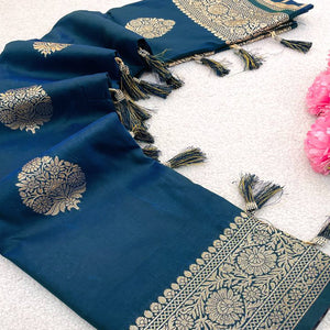 Teal Pure Banarasi Silk Saree Adorned with Intricate Zari Butti Woven Detailing