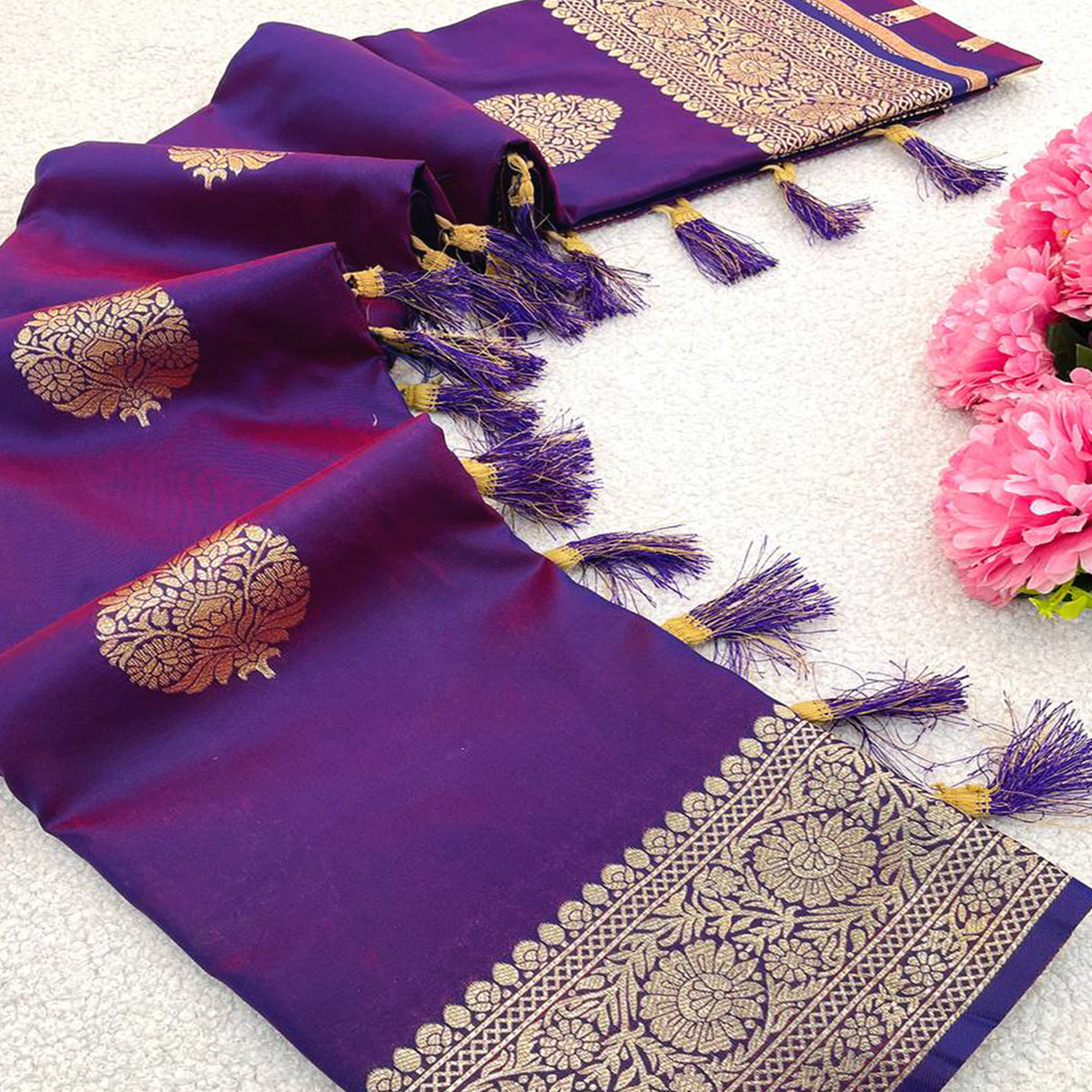 Violet Pure Banarasi Silk Saree Adorned with Intricate Zari Butti Woven Detailing