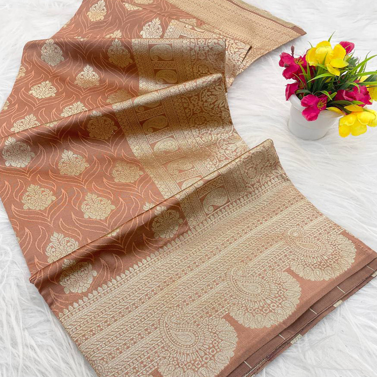 Brown Floral Zari Woven Pure Banarasi Silk Saree Designed for Luxurious Festive Elegance