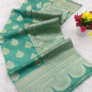 Rama Green Floral Zari Woven Pure Banarasi Silk Saree Designed for Luxurious Festive Elegance