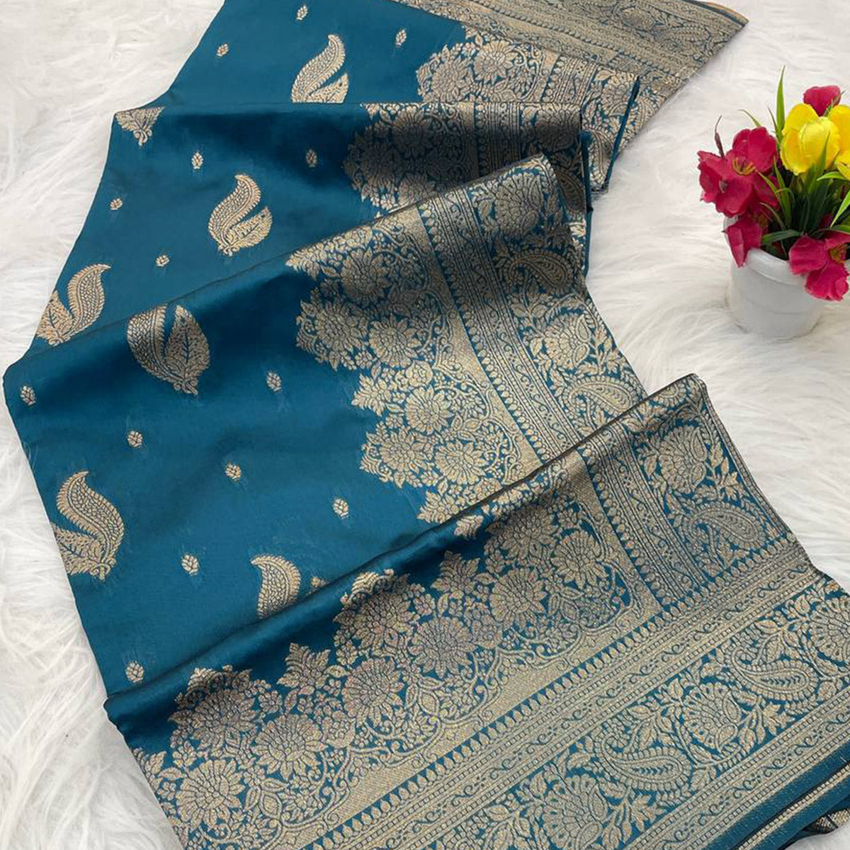 Teal Pure Banarasi Silk Saree Adorned with Exquisite Floral Zari Weaving