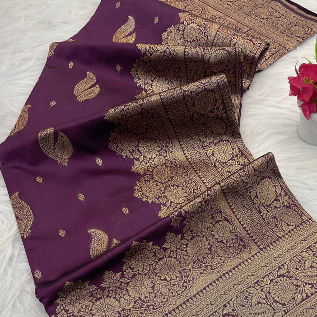 Wine Pure Banarasi Silk Saree Adorned with Exquisite Floral Zari Weaving