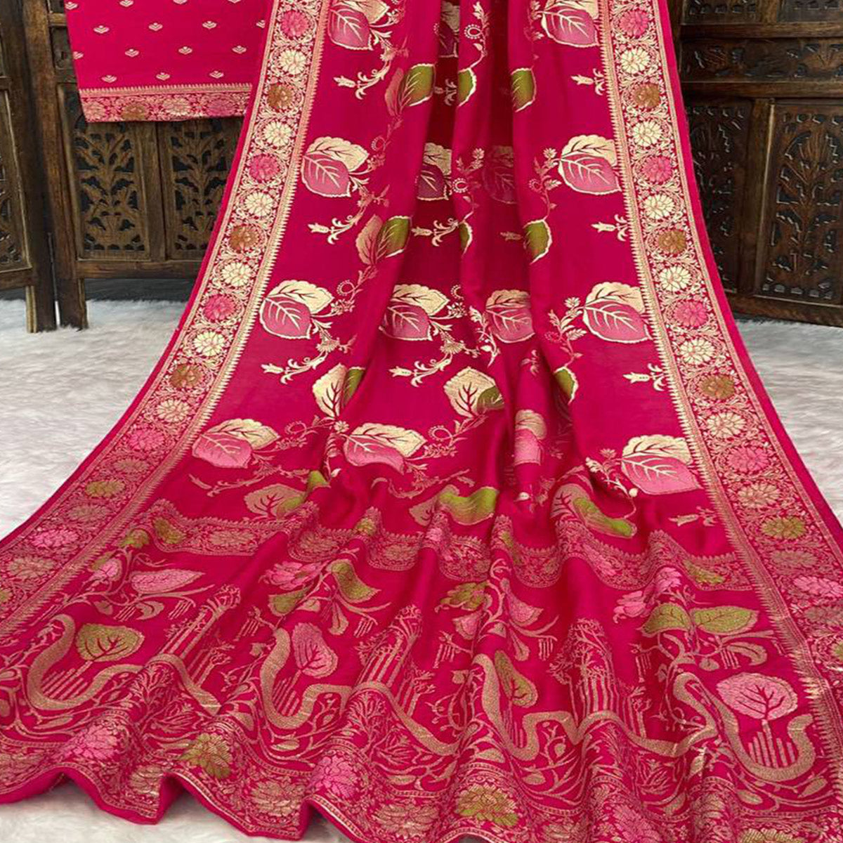 Dark Pink Soft Dola Silk Saree Adorned with Intricate Meenakari-Style Weaving