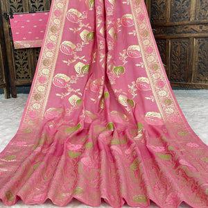 Pink Soft Dola Silk Saree Adorned with Intricate Meenakari-Style Weaving