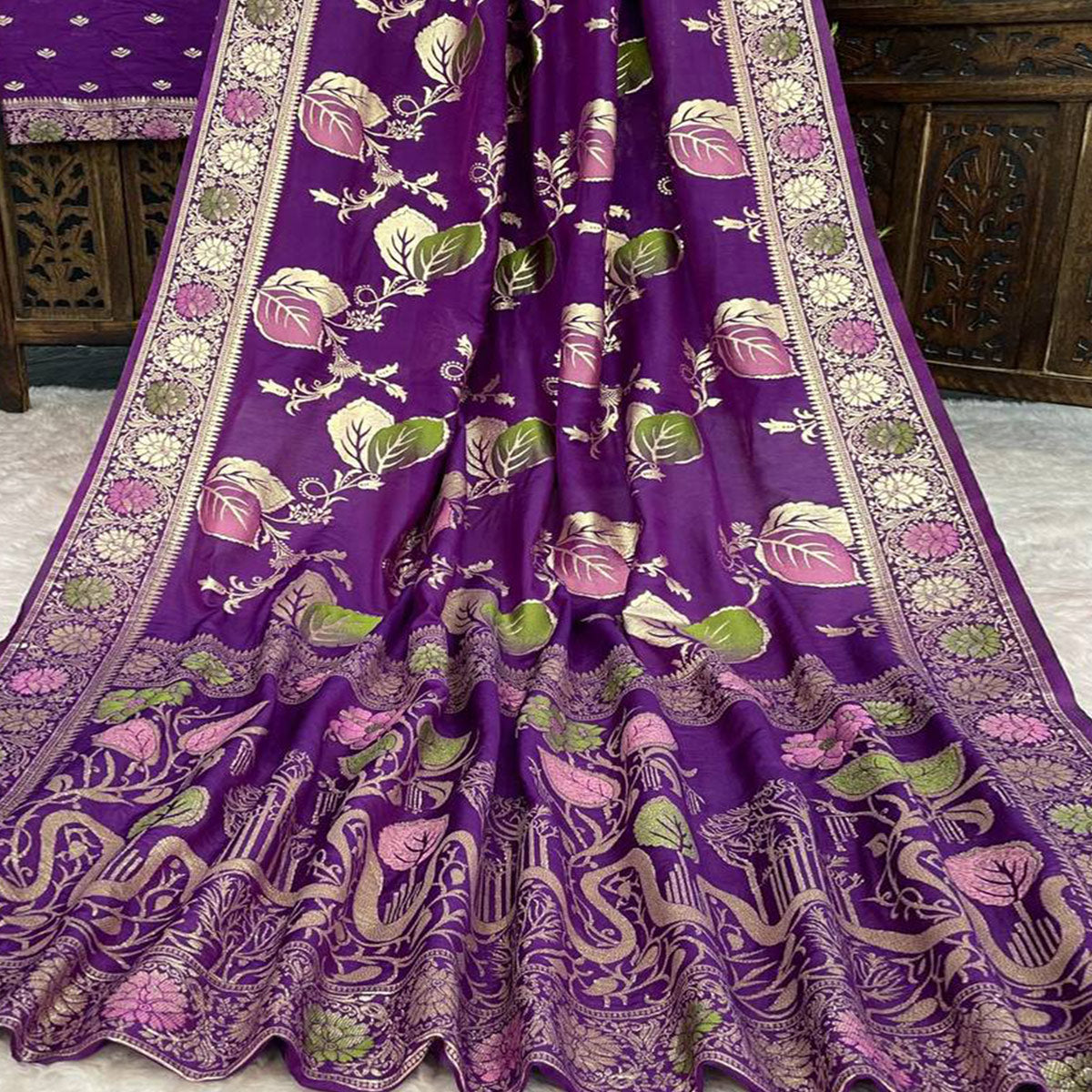 Purple Soft Dola Silk Saree Adorned with Intricate Meenakari-Style Weaving