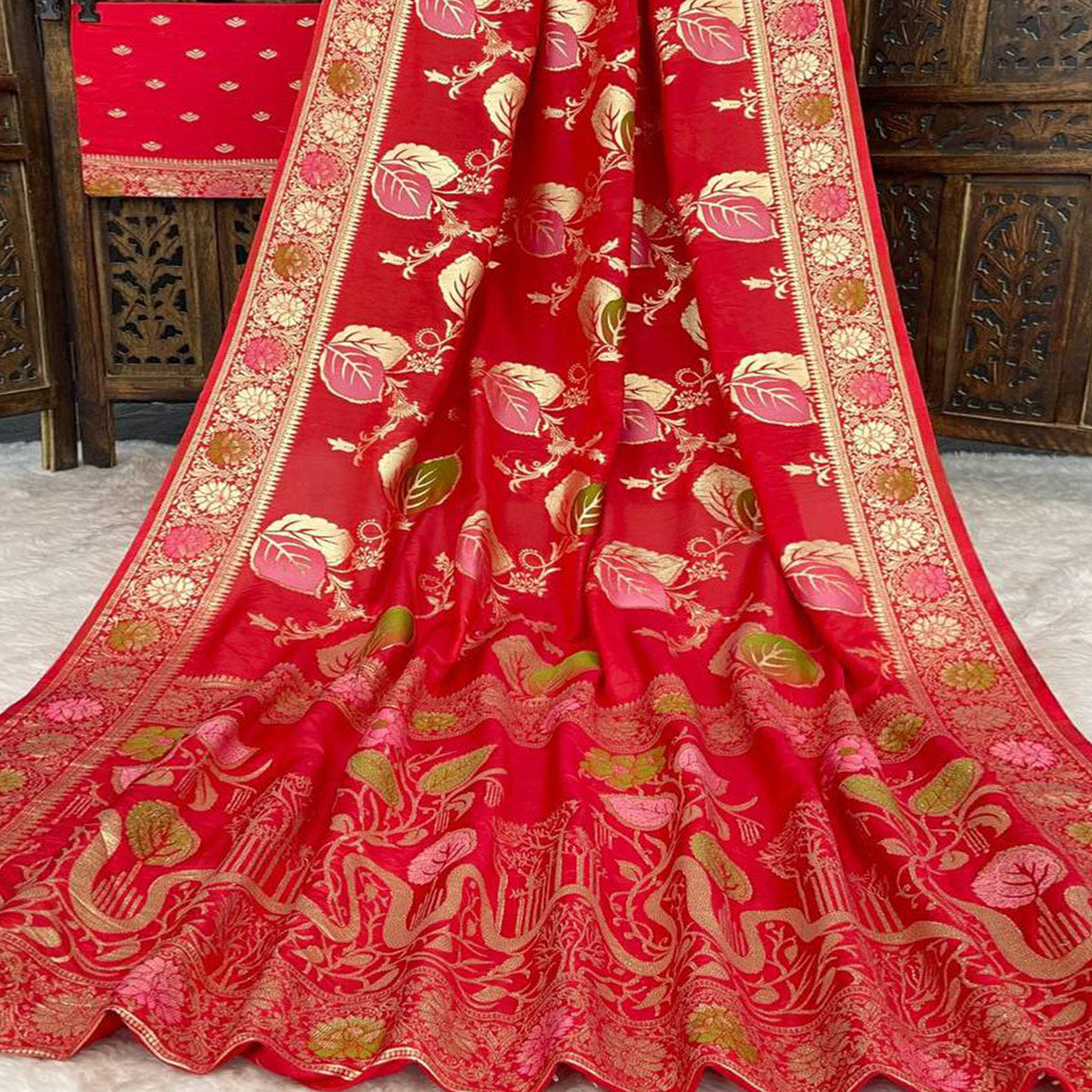 Red Soft Dola Silk Saree Adorned with Intricate Meenakari-Style Weaving