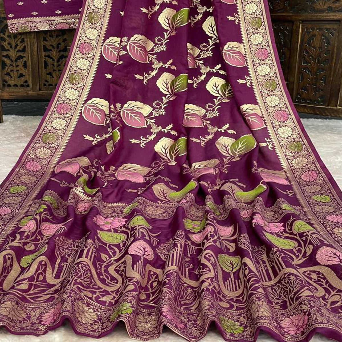 Wine Soft Dola Silk Saree Adorned with Intricate Meenakari-Style Weaving