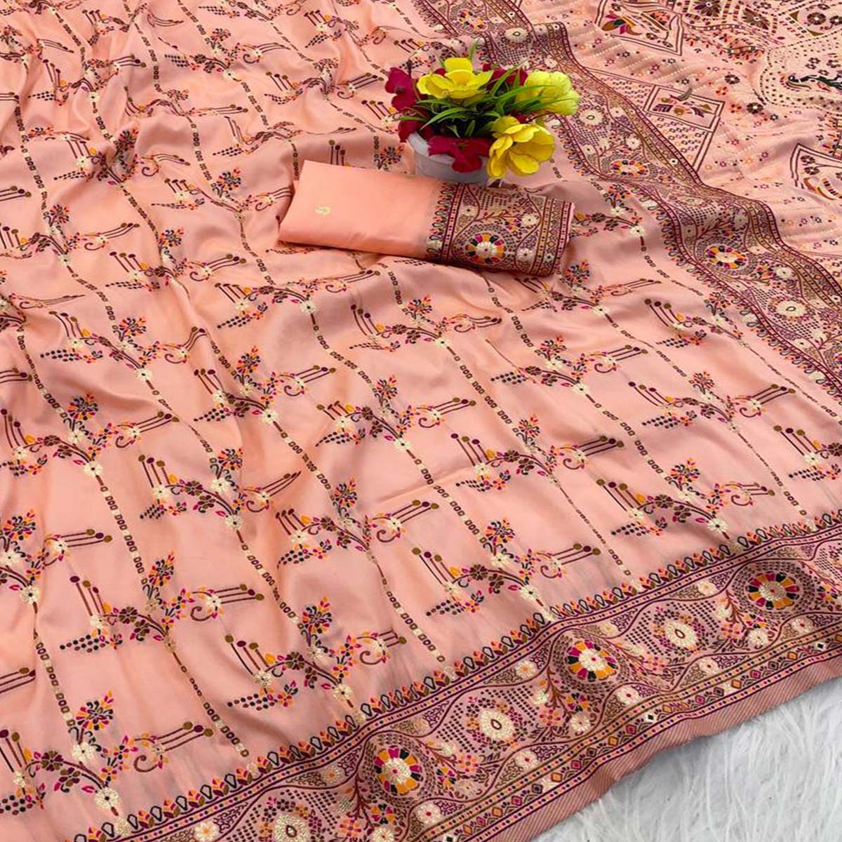 Peach Pashmina Silk Saree Featuring Rajwadi Traditional Weaving with a Kashmiri Pallu