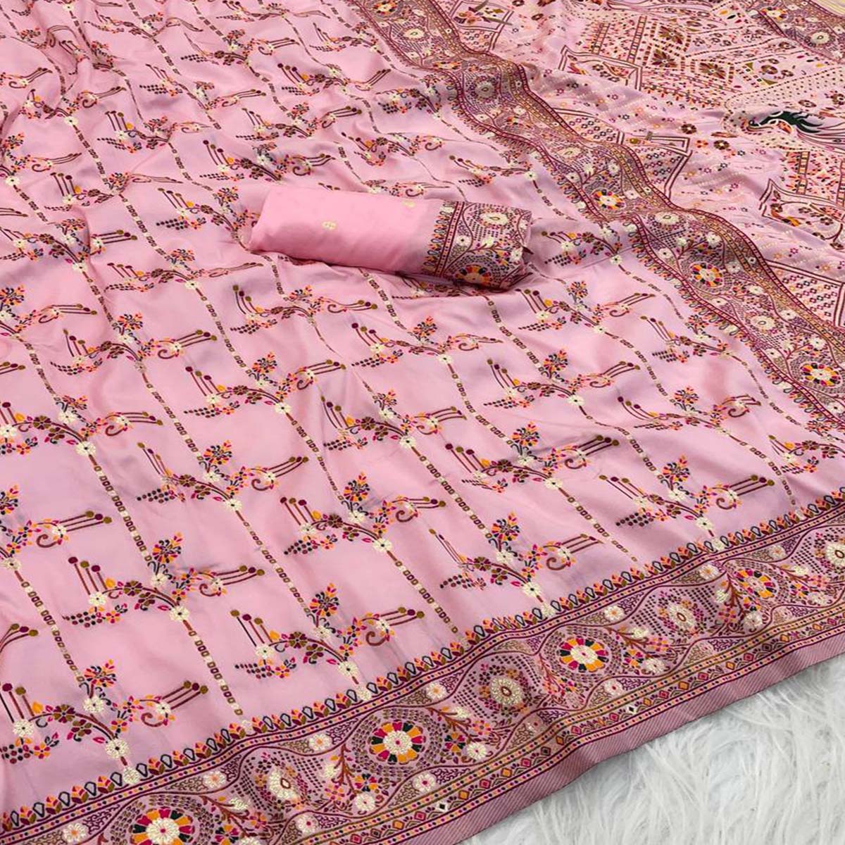 Pink Pashmina Silk Saree Featuring Rajwadi Traditional Weaving with a Kashmiri Pallu