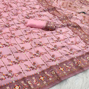 Pink Pashmina Silk Saree Featuring Rajwadi Traditional Weaving with a Kashmiri Pallu