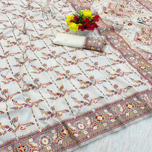 White Pashmina Silk Saree Featuring Rajwadi Traditional Weaving with a Kashmiri Pallu